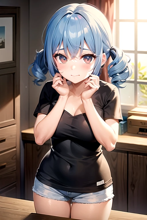 Girl1,cowboy shot,blue hair,red eyes,(underwear,tank,Shy,embarrassment,background in the room,taking out the tongue),HD,highly detailed