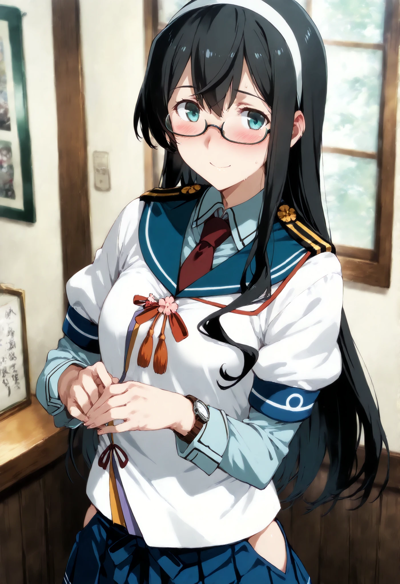 ooyodo/ (Kantai Collection))
one girl, alone, Nasty smile, glasses,
ooyodo\(kancolle\), black_hair, long_hair, glasses, white hairband, semi-rimless_eyewear, under-rim_eyewear, blue_eyes, green_eyes, blush, breasts,
pleated skirt, blue skirt,
cowboy shot, watch viewers,