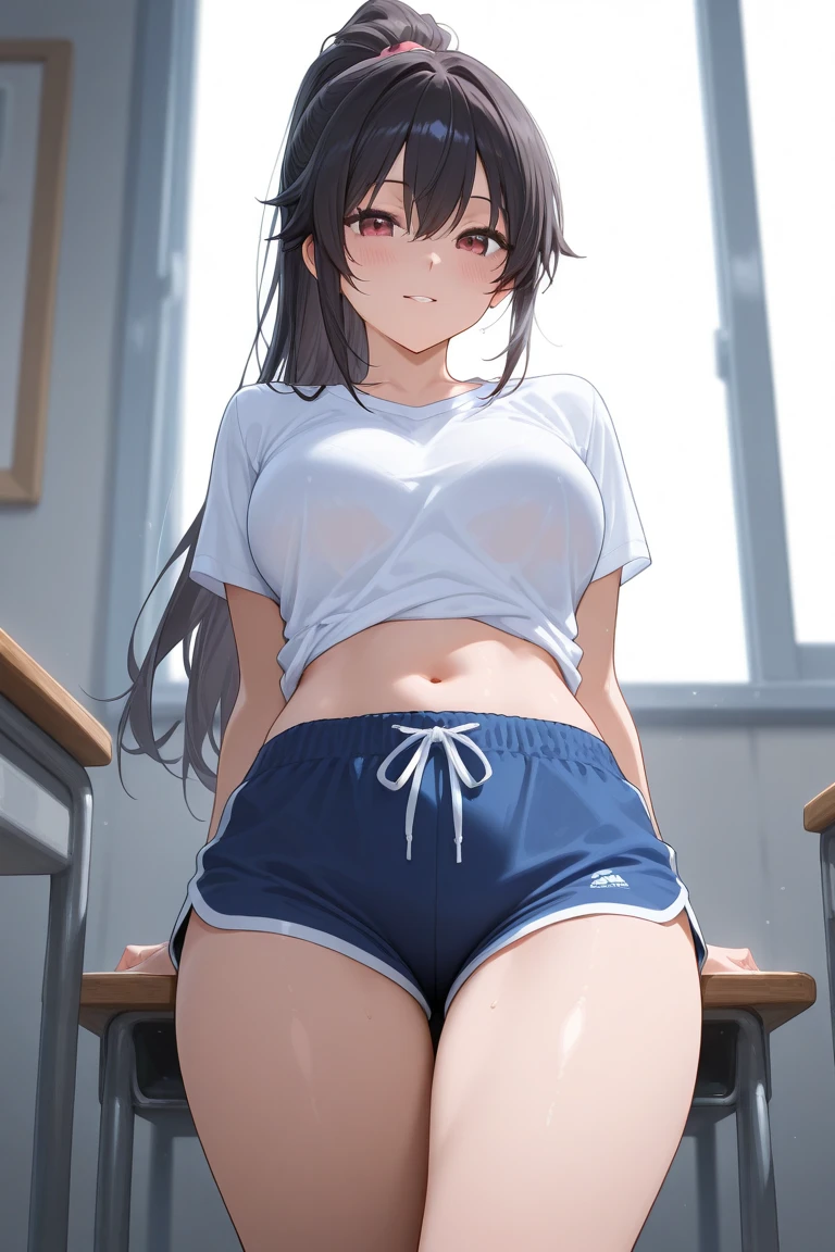 yor briar, black hair, (red eyes), earrings, white hairband, hairband, long hair, sidelocks,large breasts,navel,(white gym shirt,gym uniform,dark blue buruma:1.3),sleeveless,highleg,sweat,steam,(upper body:1.3),smile,blush,(spread legs:1.3),(legs up),(cameltoe:1.3),masterpiece,Noise Reduction,perfect anatomy,high resolution, ultra-detailed,game cg,dutch angle ,beautiful detailed eyes,visualart,five fingers, perfect hands, perfect lighting,