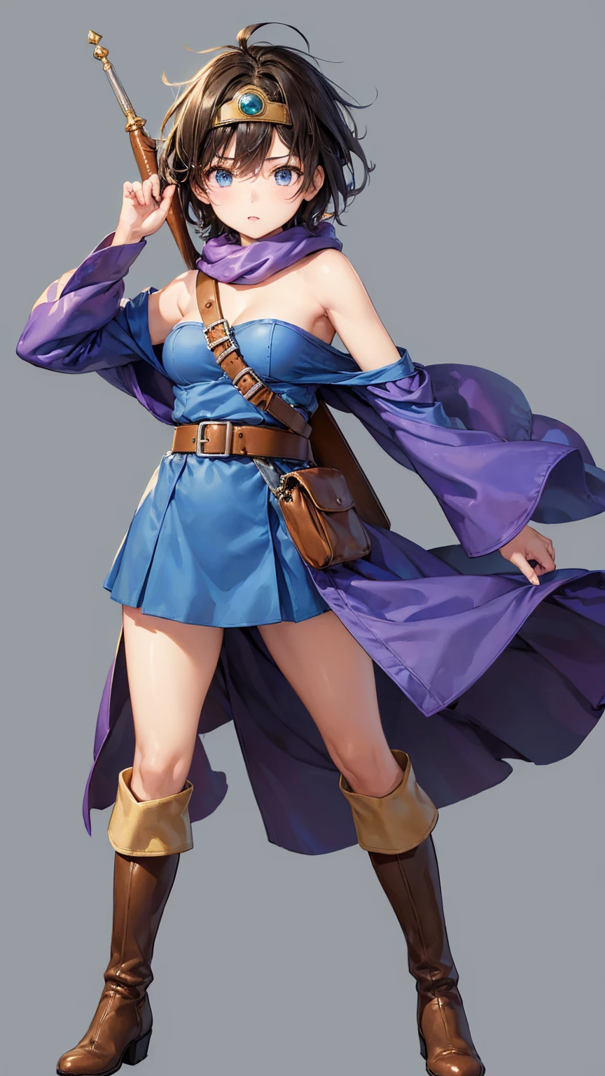 Nagant, solo, purple hair, purple eyes, 1girl, multicolored hair, short hair, sleeveless, streaked hair, bare shoulders, turtleneck, belt, sleeveless dress, fullbody, <lora:Lady_Nagant:0.8>