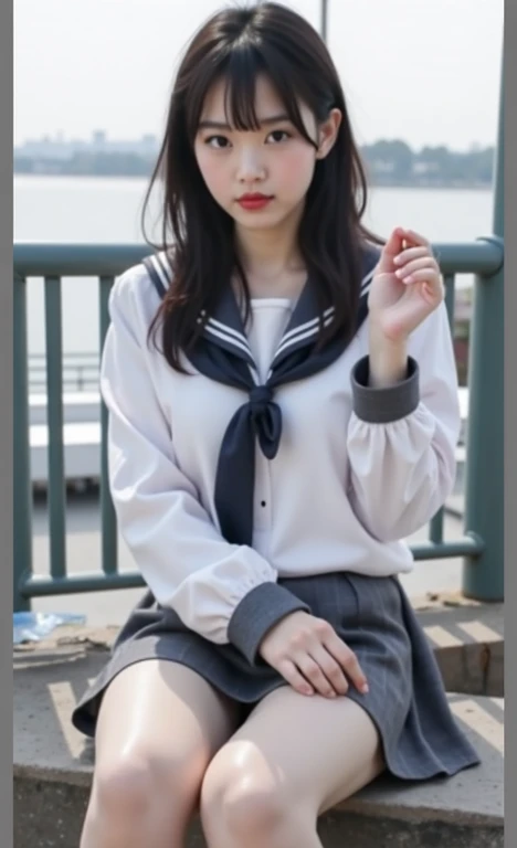 High quality, Ultra detailed, best quality, insanely detailed, beautiful, masterpiece、8k、nsfw、spread pussy、upskirt、skirt lift、skirt lift by myself、((show off pussy1.4))、pubic hair、pussy focus、public indecency、((from below:1.2))、looking at viewer、spread pussy、bottomless、cinematic lighting、、black cardigan、clothed、city