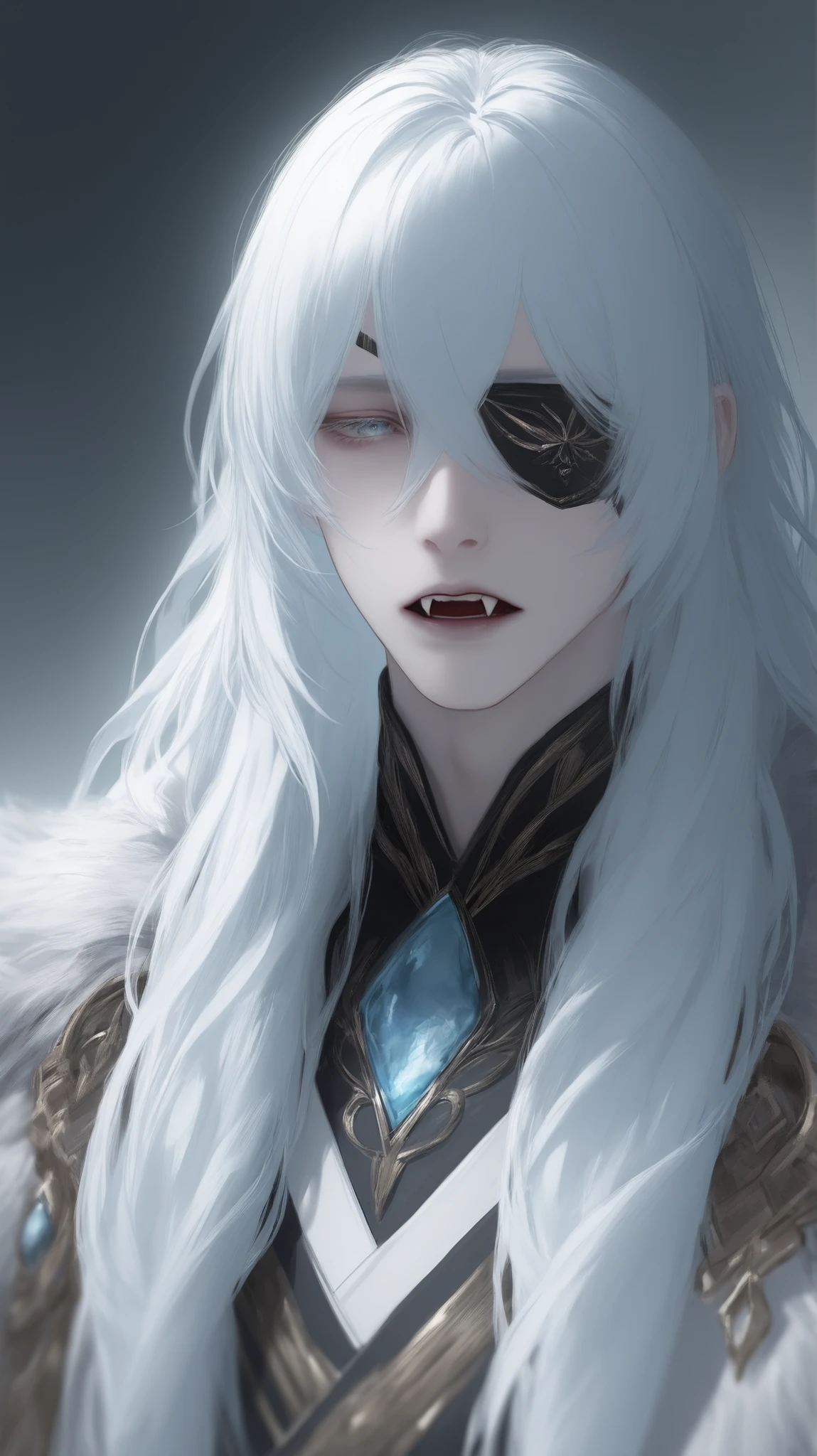 Male. Long White Hair with Eye-covering Bangs. Black & gold eyepatch. Crystal pale light-blue Irises. Fangs. Pale White Skin. Black & Gold Noble Garments. Cold Expressio. Full upper half. 4K quality.