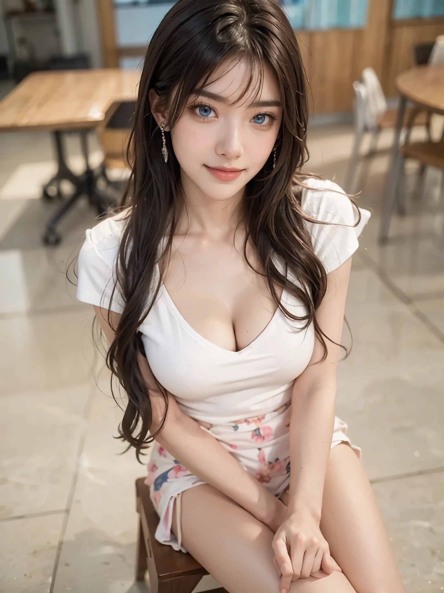 (Detailed skin:1.2),(Shiny skin:1.1),8K,Highest quality, masterpiece, Ultra-high resolution,(Realistic:1.4), RAW Photos,(Soft saturation:1.3),(Fair skin:1.2),Japanese Idols,repair,20 years, Light brown hair, (Long Hairstyles:1.2), Asymmetrical Hair, Asymmetrical bangs (Pretty face:1.4), (Large Breasts, Tight waist), Beautiful lighting, Small Head, (Student Uniform:1.2,),((White knee-high socks:1.2)),Highly detailed face, Highly detailed lips, fine grain, double eyelid,(Full Body Shot:1.2), Browsing Caution, (Sharp focus: 1.2), (Perfect Anatomy、Beautiful woman with perfect figure: 1.2)、Exposing cleavage、Model-like pose,Accentuate your leg lines、Smiling