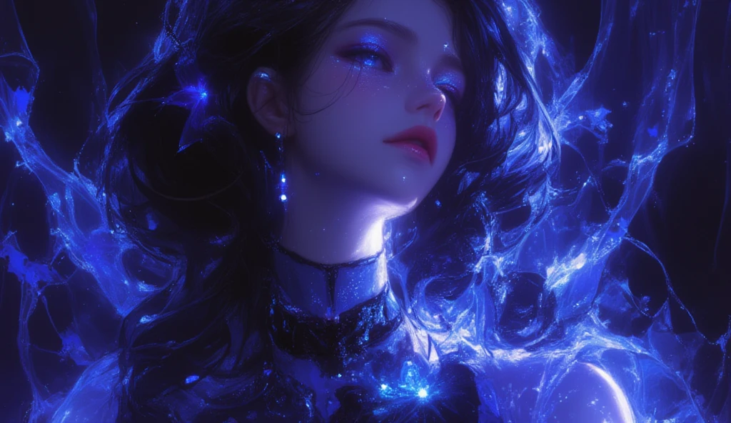 (freckle:1.5),(best quality,high resolution),bright colors,dark fantasy,fear,portrait,neon lights,dark atmosphere,Enchanting,gem,flashing,unforgettable,ethereal,halo,mystery,luminescent,shimmer,Slender,wild hair,dark background,Fascinated,otherworldly美丽,gaze,robust,Magic Essence,otherworldly,Beyond,very attractive,electric blue,Fascinated fire,Smoky black,unforgettable eyes,intricate details,dancing sparks,glowing lips,intense energy,Embody darkness,alone,