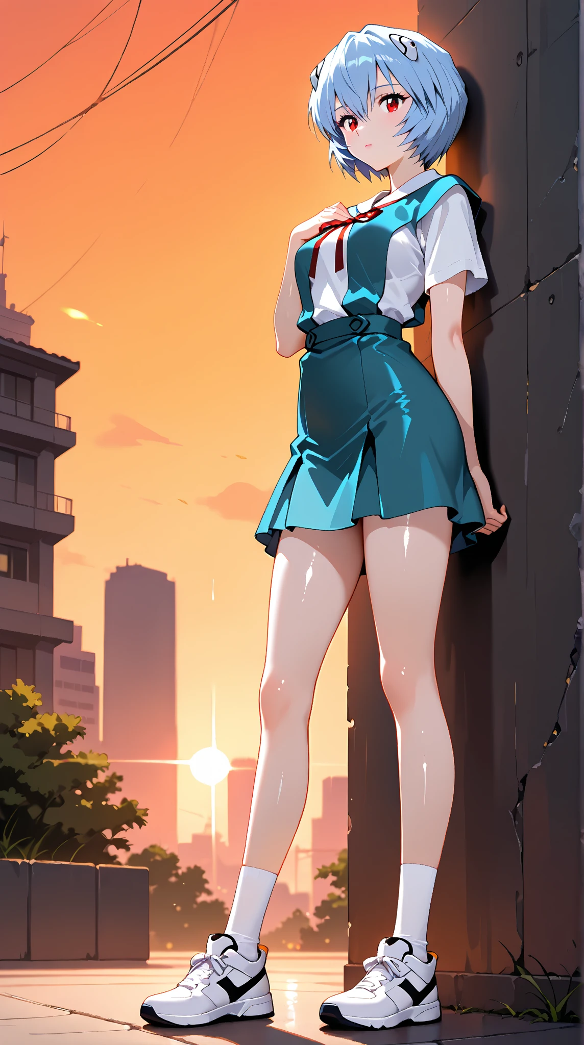 (Full body, view from below, cowboy shot, looking at viewer, masterpiece, best quality, ultra detailed, immaculate:1.2) Android 18 from DBZ, 30 y.o. woman, red eyes, short BLONDE hair, posing for photo, seductive smile, grey jacket, red necktie, green skirt, Sakura tree, building, (pinched eyes) (closed mouth) (hands on hips)