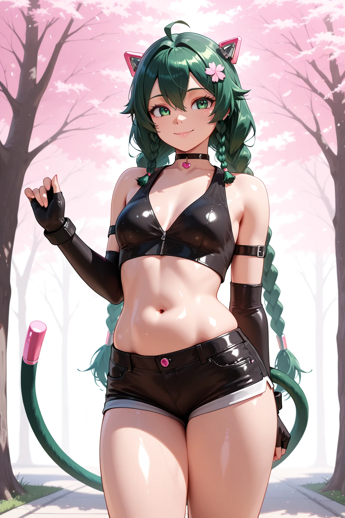 High quality image, full body, (Beautiful woman),(Hair two colors, pink and green hair color), (Athletic body, large chest, thick and well-defined thighs, defined physique), (using, ((vaporous:1.2) (transparent:1.2) (white: 0.6) (chiffon) (crop top) grasped (wet: 1.4) skin ): 1.2))), displaying the groin, (Holding a katana sword)