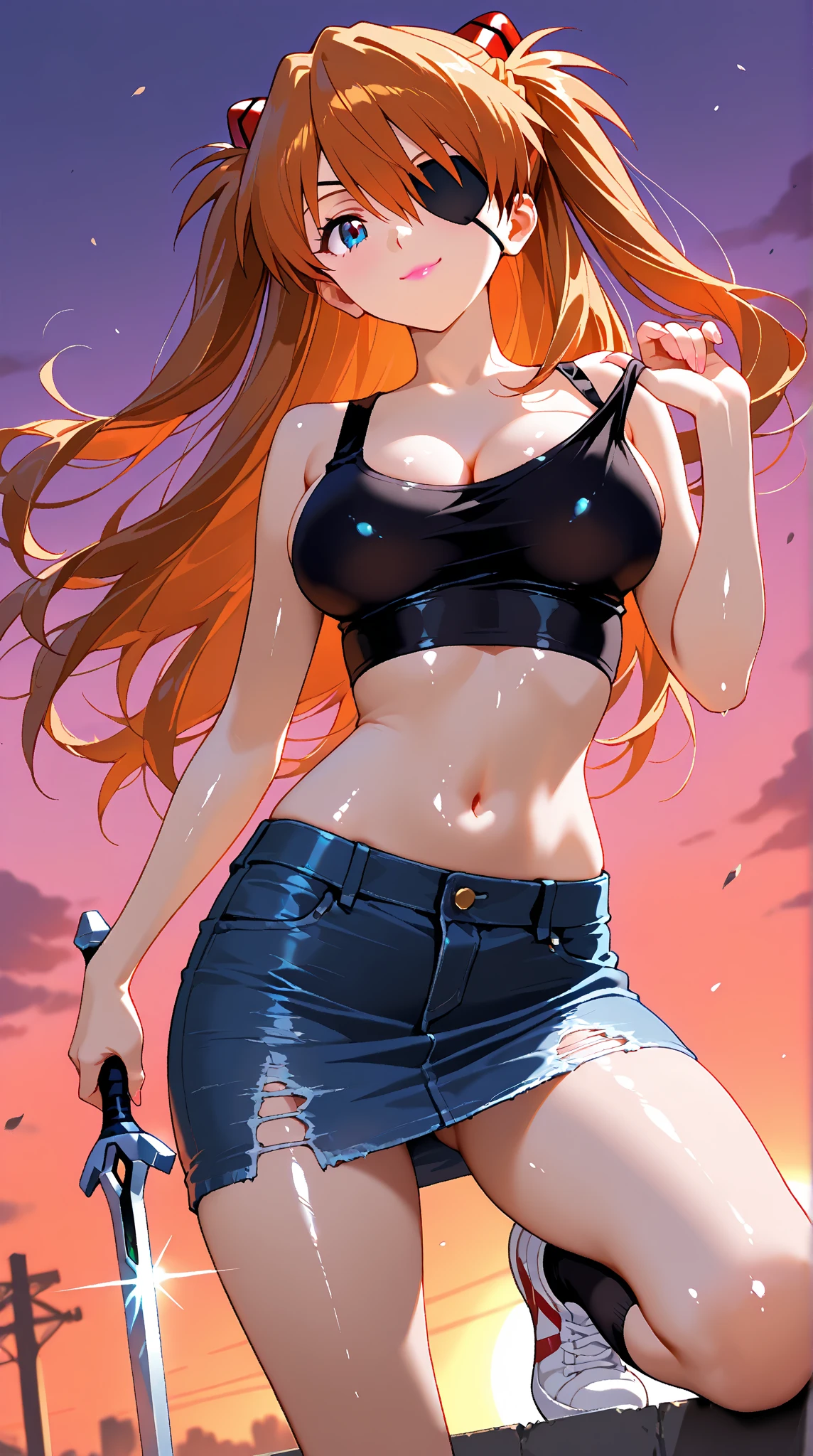 ((Red hair)), green eyes, long hair up to half, huge bust, ((full lips)), ((masterpiece)), ((detailed)), ((tank top)), ((denim shorts)), ((Best Quality)), ((gig stage)), huge breasts, ((bright)), (pretty eyes), looking away, playing an electric guitar with a powerful pose