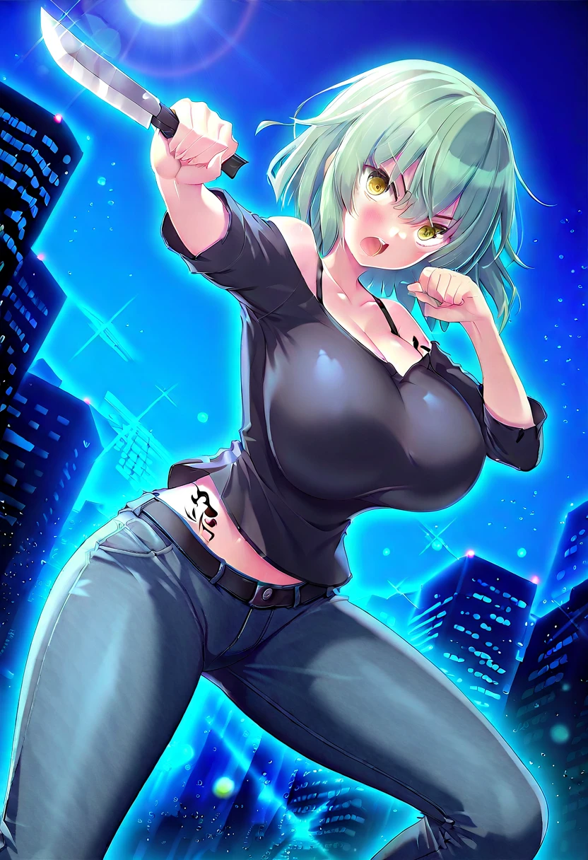 Waifu, masterpiece, curvy, breasts, moon, full moon, gloves, 1girl, clenched teeth, bulma, cleavage, large breasts, teeth, aqua hair, red gloves, tank top, blue eyes, rating:explicit,rule34, hardcore, ,,clenched hands, punching, night, sky, jumpsuit, pants, bare shoulders, blue hair, clenched hand, rating:questionable, short hair, belt, green hair, solo, angry, orange gloves, lip biting(gigantic and massive tits:1.1), breasts, official illustration, illustration, detailed face, beautiful intricate eyes, curvy milf, 1:2), closeup, titsnipples