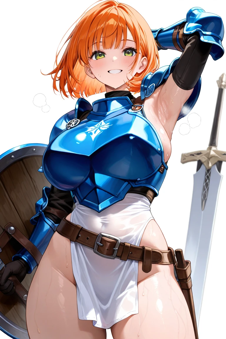 1 girl, high quality, (short hair), pink hair, forehead, blue eyes, (medium breast), (straps on thighs:1.3), white background, nature, (stocking), (sweaty:1.1), (nipples:0.8), thick thighs, (middle Ages:1.2), (long dress), (cameltoe), armor