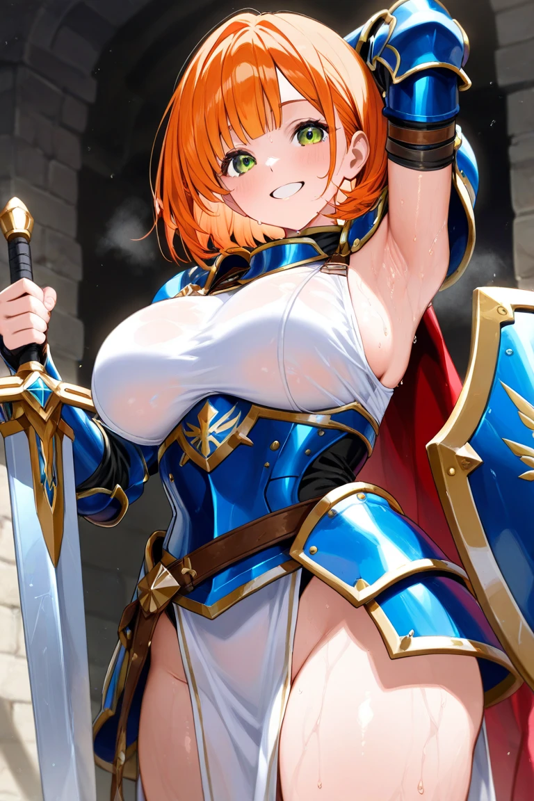 "(masterpiece), best quality, 
1girl, (80s anime style:1.3), (eyelashes:1.5),
(intricate high detailed body:1.2), 
red hair, 
(hair between eyes:1.1), (medium hair, two side up:1.1), 
blue eyes, 
( body:1.2), (huge breasts:1.1), 
happy, smile, open mouth,
(metallic plate leotard armor, criss-cross halter:1.2), (garter belt:1.2), 
(knight armor, armored boots, crown:1.2), 
(capelet:1.1), (jewelry:1.1), necklace, 
standing, hand on hip, 
(cowboy shot:1.1), 
(simple white background:1.2)"