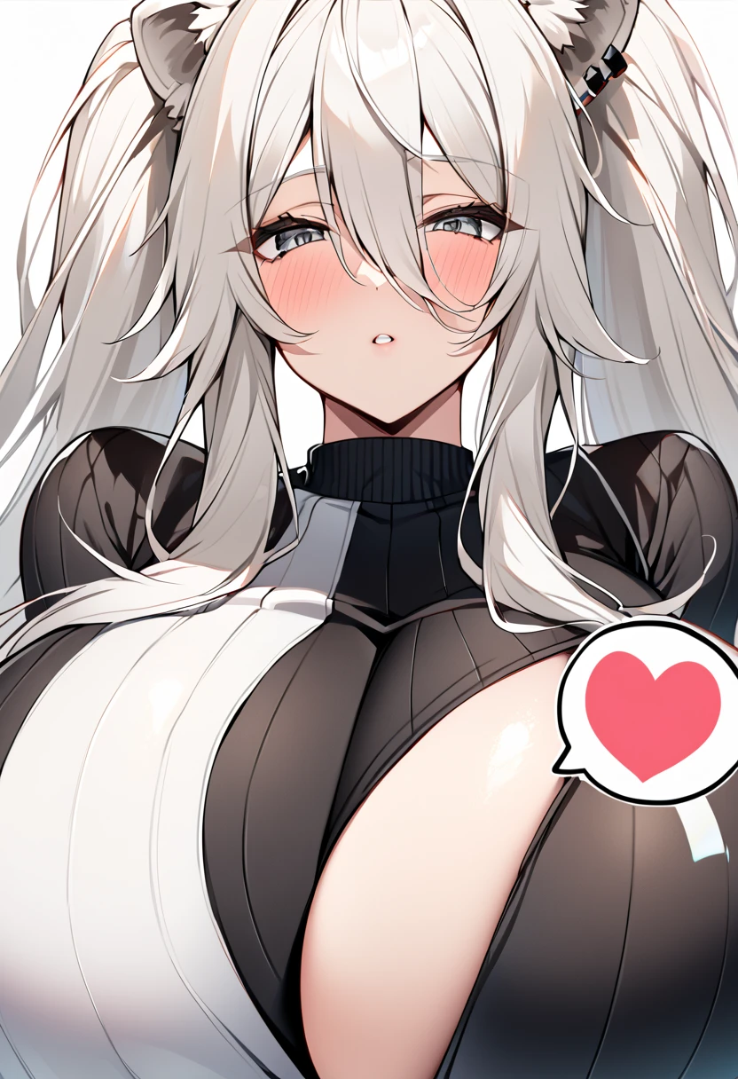 Shishirabotan、Black knitted clothes、Vertical sweater clothes、Black sweater、Huge breasts:1.5、sagging breast:1.5、1girl、portrait、spoken heart、face focus、straight hair、Twin tails、Slightly messy hair、White lion、paizuri under clothes、Titty fuck、Cum in the valley、Creampie、