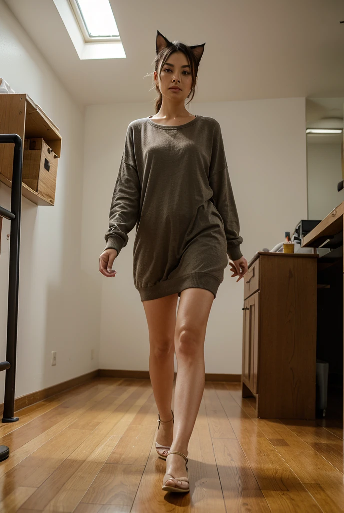 ((Best Quality, 8K, Masterpiece: 1.3)), Sharp Focus, High Quality, High Resolution, Portrait, Middle-aged Woman, Beauty, 42 years old, Wave hair, No clothes, bra, No pants, Full body, Expressionless, Messy room, crouched, forked legs, legs apart, hands supporting legs, panties exposed, facing the camera