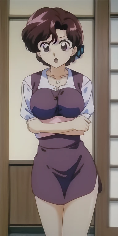 Misae Nohara, round glasses, Pixie haircut, thick thighs, hourglass figure, half naked, Looking at the viewer with seductive eyes, man woman sex, Misae Nohara, exposed breasts, brown black hair, hard nipples, exposed vagina, hard sex, best quality, highres, bbyorf, gold earrings, large breasts, jewelry, off shoulder, black stockings, pink transparent sweater, sweater pink transparent dress, white apron, long sleeves, no panties, outdoors,