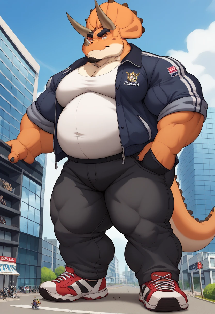Solo, Male, fat, squatting, extremely obese, Typhlosion, blue eyes, (soft shading), 4k, hi res, ((detailed face, detailed)), looking at viewer, evil grin, construction site, safety vest, construction vest, male focus, glasses, monocle, vest with buttons, Typhlosion is wearing a glossy leather dog collar around the neck, Typhlosion is wearing the leather collar and vest at the same time, Typhlosion is wearing glossy white rubber gloves on the hands, wearing white rubber gloves on the feet, gloves are rubber in texture, clenching teeth, clenching fists, leather collar is glossy and shiny with a lot of detail, leather collar has a round dog-tag, leather collar is thick and detailed.