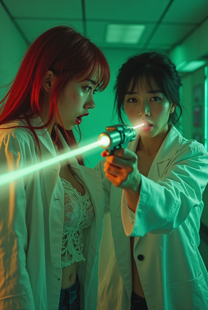 A sexy japanese scientist in a labcoat is shooting a red headed sweaty screaming white bimbo with a ray gun. A green glow surrounds the bimbo