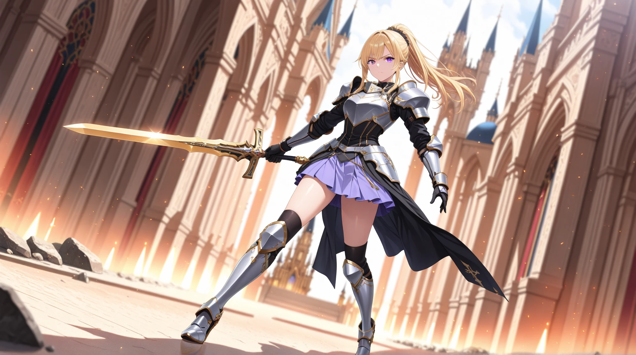 1girl、(10 year old female knight giving a footjob to a penis)、Expressionless、Long blonde hair、(Gorgeous princess dress)、White Princess Gloves、Small breasts、belly button、Thighs、Holding a thin sword in one hand、(foot on penis)、((sexy Knight))、1boy、(penis)、(amazon position)、(The man is wearing armor)、The man is lying on the ground、((eject cum))、(Training in the arena)、((Angle from below))、Stepping on the penis、