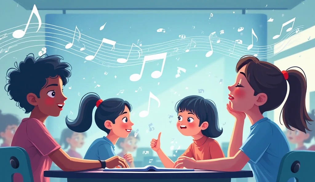 Cartoon of singing lessons with a 2 teacher, She is a redhead with short hair, Her hair is curly , She is with her students, a and a and another girl, There is a piano and they are vocalizing.
