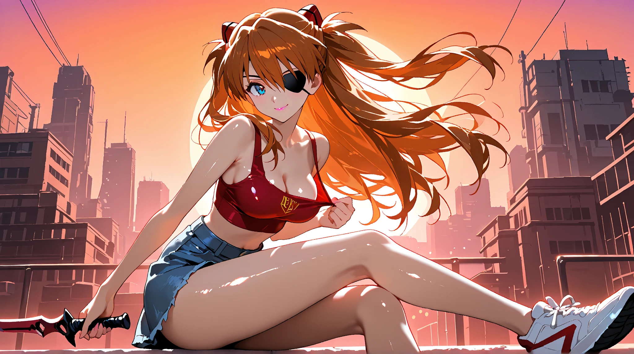 (high resolution, upper body, soft skin:1.2),(best illustration,masterpiece:1.2),ultra-detailed,[(cat ears , red inside:1.2, red braided hair, blue cat eyes),vivid colors,sharp focus, sunlight,bokeh, wearing a checkered bikini, beach background, smiling, crawling , from below, back turned to viewers
