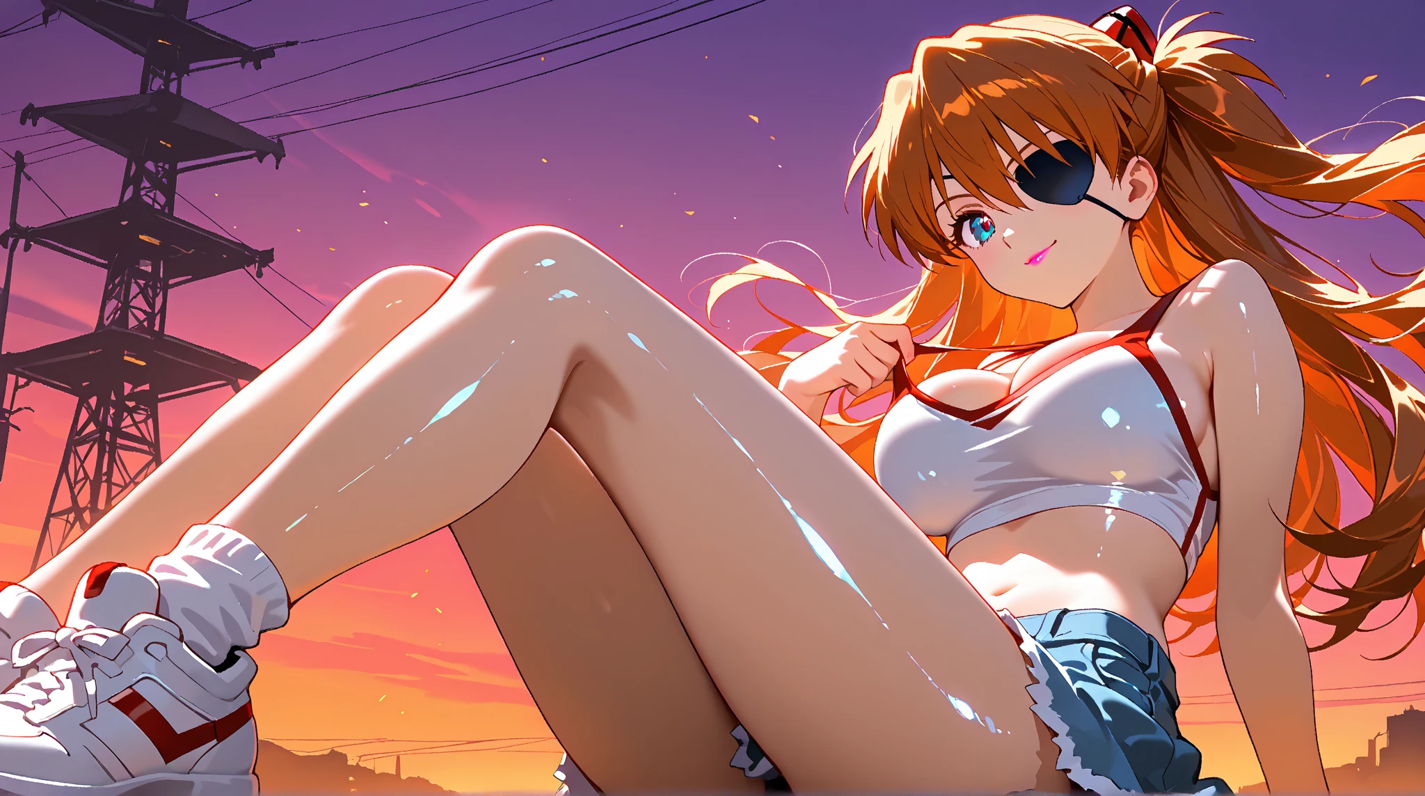 realista, 1 garota, cabelo vermelho, olhos azuis, olhos brilhantes, pele brilhante, suado, bikini, roupa de banho, na noite, Tokyo, Ciberpunk, 8k, complete in high definition , cinematographic