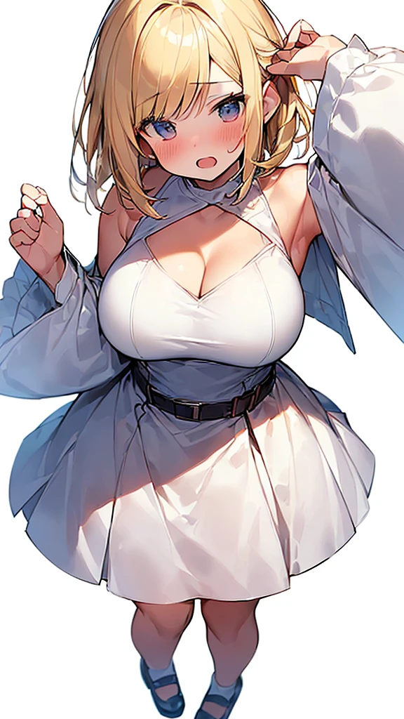 ((forehead、Standing、Chubby、A calm face、Blonde、High Neck Sleeveless Knit Dress、White Blonde Hair、Northern Europe、White、beautiful girl:1.5、Blonde、White background、cute、Young、True Face、Shiny Hair、whole body))、overweight:1.5、masterpiece, best quality, ultra detailed, hyper detailed, beautiful, woman, medium shot, from front, leaping figure composition, midday, in focus with blurred background、 highest quality, figure, super detailed, finely, High resolution, 8k wallpaper, Perfect dynamic composition, detailed and beautiful eyes, Deco out,bionde, big breasts, Natural color lip,white background, random cute poses
