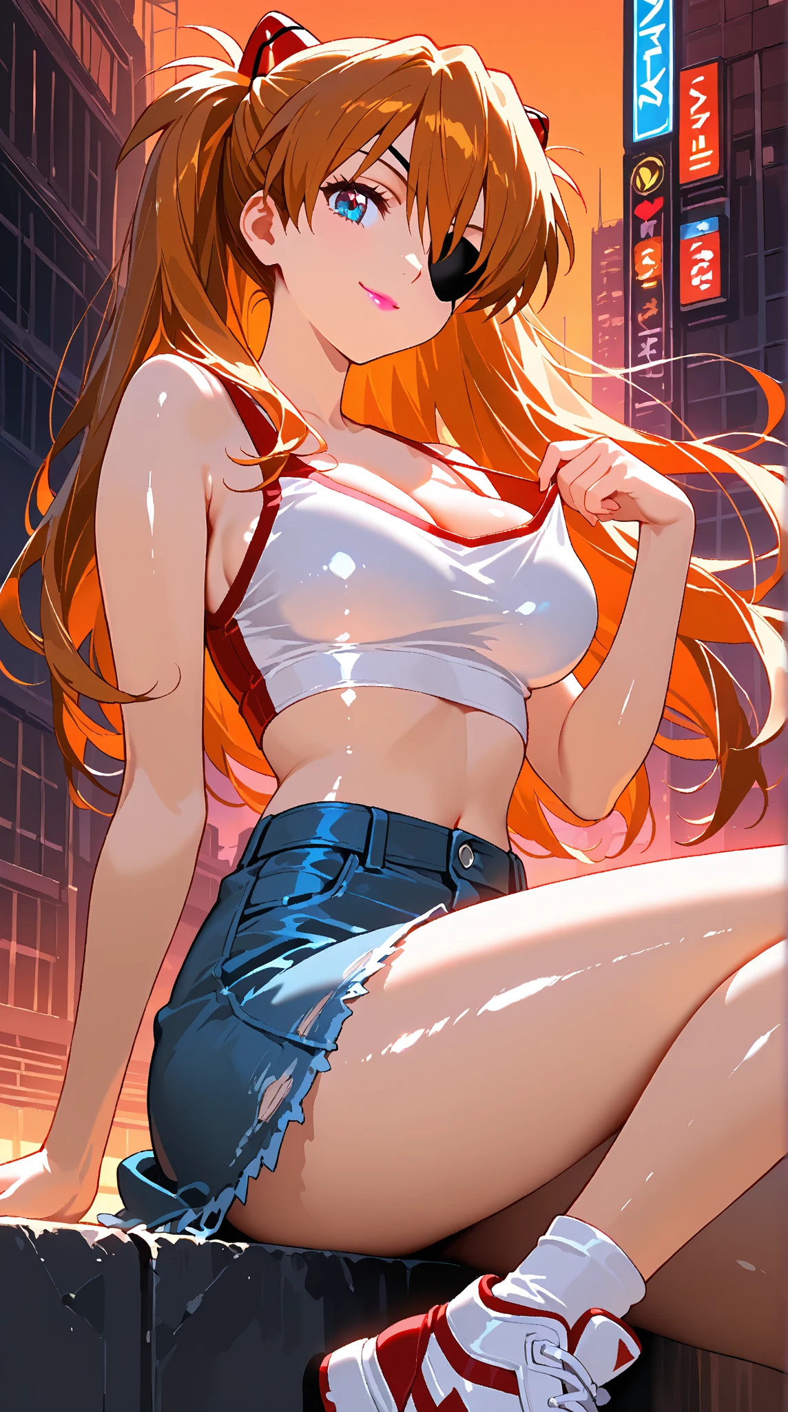 Mechanic working in her garage, dirty white shirt, dirty low rise jeans, dirty tan skin, high line detail, messy red hair, grease smudge on her face, smiling