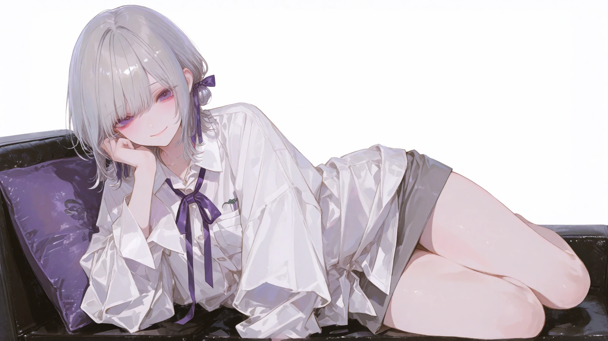 boy thoughtful look open forehead. white and purple hair braided in a ponytail on the left side to one side. sinuous black horns wrapped in dark purple ribbon. pale violet eyes. in short dark purple shorts. long white T-shirt. dark purple knee-high socks. white long coat with hood. black limit stone walls purple light from lamps
