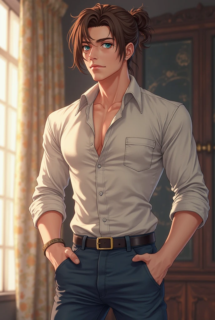 Sexy man, male in a white shirt and tan pants sitting on a chair, big chest, anime handsome man, handsome anime pose, handsome guy, male anime character, human male character art, handsome stunning realistic, anime portrait of a handsome man, clothed in white shirt, (best quality)), ((masterpiece)), (detailed)