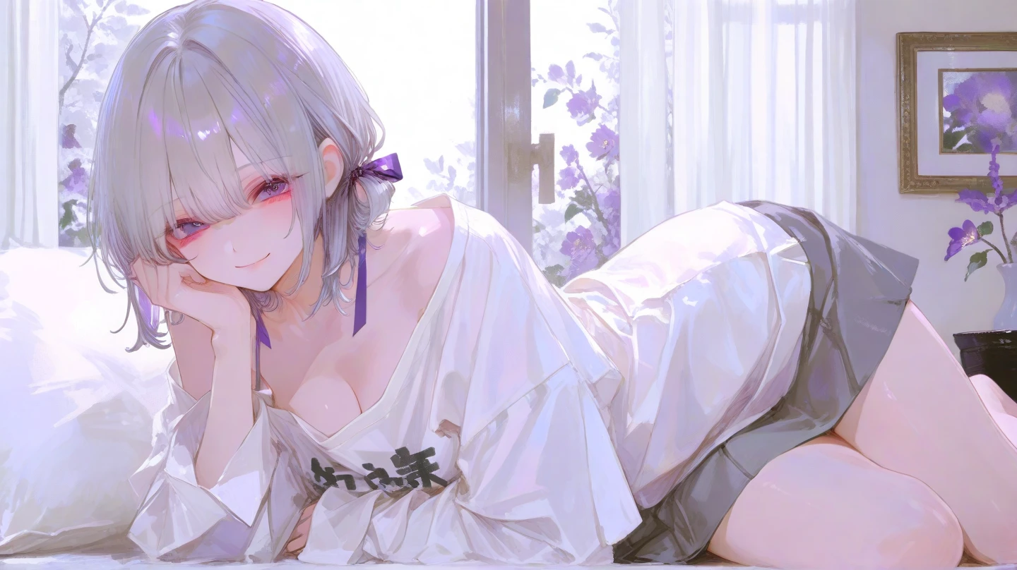 This is a Japanese hot spring inn.、Late Night、A 27-year-old woman with small breasts is sleeping on her back on a futon.、I will take a picture of her sleeping from directly above.、White medium shorthair with blue-purple mesh、Pure white and loose lob hair、eyes closed、She is sleeping with a white bath towel wrapped around her.、Small breastodest chest、A sleeping face that looks comfortable、High quality、High Detail、high resolution、4K quality、drawn by Japanese ilastrator