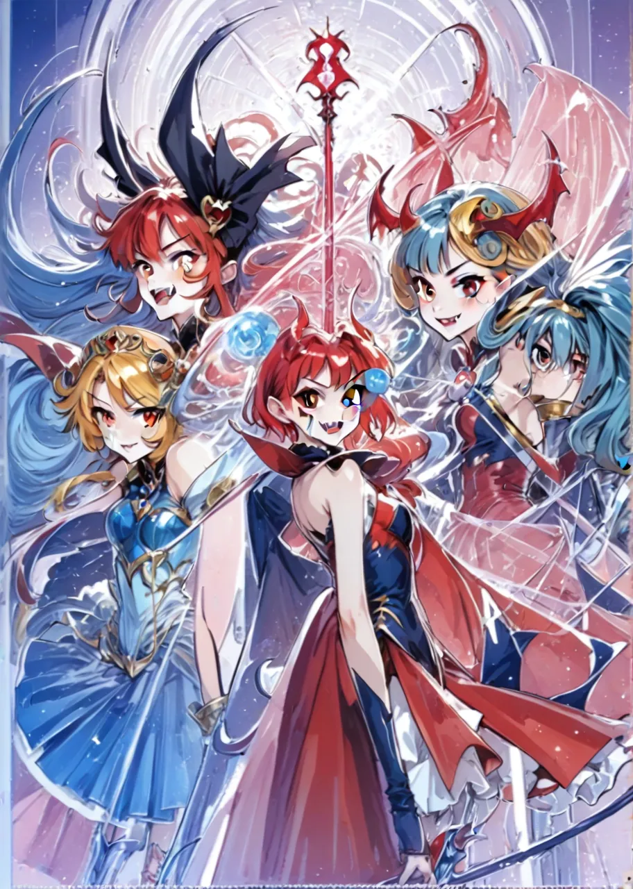 anime girl, person, person, character creation, illustration, anime, character, portrait, anime, background, anime, multiple girls, 3girls, green hair, blue hair, dress, gloves, red hair, pointy ears, flower, hair flower, elbow gloves, hair ornament, long hair, blue eyes, ahoge, red eyes, smile, red dress, blue gloves, short hair, strapless, strapless dress
