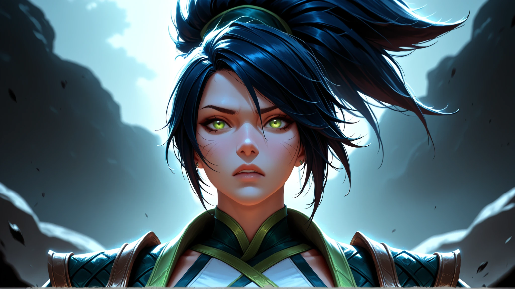 Akali from League of Legends, white uniform, green emerald Jacket, black hair,cinematic dramatic lighting, solo portrait, highly detailed face, piercing gaze, intense expression, dynamic-angle, View, dramatic view, dark fantasy, darkness, photorealistic, 8K, ultra-detailed, physically-based rendering, professional digital art, deep rich colors, dramatic chiaroscuro lighting, standing Pose, masterpiece, Sharp focus, HD, UHD, 8k, depth of field,