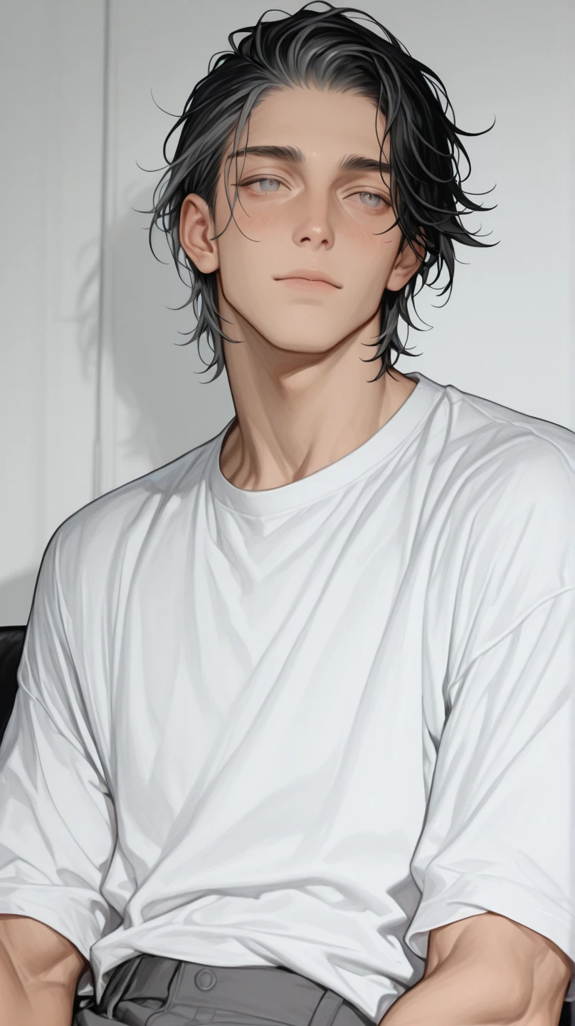 masterpiece, Best quality, One, male, black hair,  Medium hair, Brown eyes, smile on your face, black casual shirt