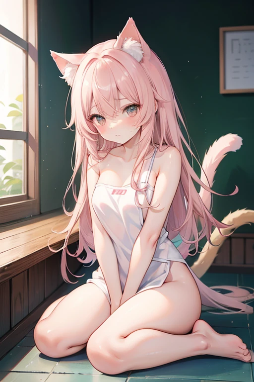 masterpiece, {{{{Highest quality}}}}, beautiful,NSFW,1 girl, blonde_hair, cat ears(blonde), cat tail(blonde) ,{{{underwear only}}}, bra(salmon pink), panties(salmon pink), lace trim(black), a choker、