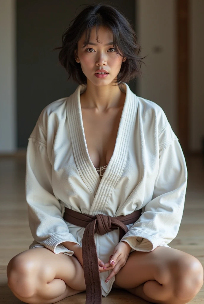 (8k、RAWE Photo、Highest quality、masterpiece:1.2)、(Real、Photorealistic:1.37)、Super detailed、Ultra-high resolution、1 girl、Beautiful detailed face、(Feather Cut: 0.6)、Professional Lighting、The lighting is bright、actresodel、Ninja、Female ninja、whole body姿、Wide-angle shot、Daytime、bright、 simple background ,Simple Background、full body,40-year-old woman、Mature Woman、Japanese、whole body、Shinobi costume、