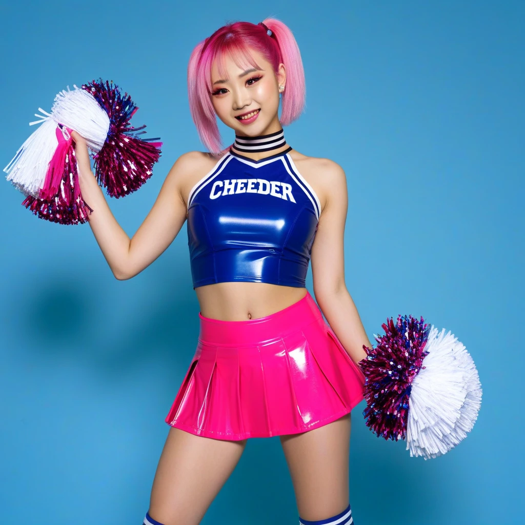 a lady dressed in pink and black shows off her fancy poses for the picture, 1girl, solo, very long hair, colored tips, ((rainbow hair)), twintails, pom pom (cheerleading), thighhighs, cheerleader, skirt, crop top, (underboob), (volumetric light:1.3), cowboy shot, smiling, sparkling green eyes, outdoor, arena