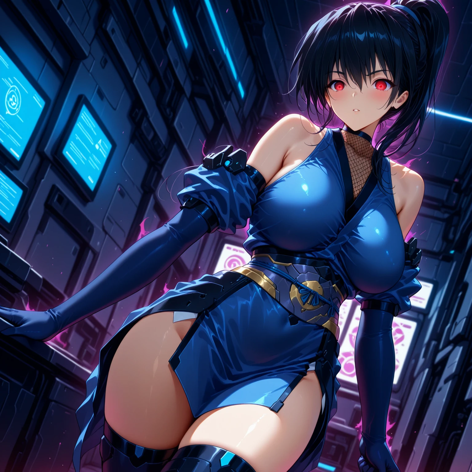 melhor qualidade,roupa azul,juri han,solo, masterpiece, best quality, agrias, grey sweater, black leotard, standing, looking at viewer, short hair,oculos,evil smile, evil look,luvas preta,roupa azul,yandere rosto,low lighting,coxa sarada copo detalhado,olhando para frente juri han,bela
