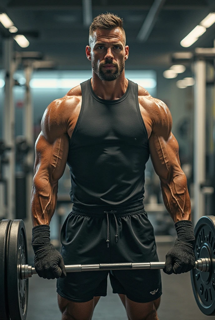  Handsome Bodybuilder wearing a fashionable banyan 
lifting Weights in gym