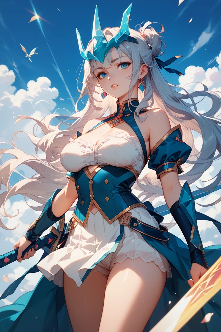 anime illustrated、Fantasia、plump female knight、Platinum blonde loose perm、blue cloak、leather grove、Stroll through the castle ruins in a valley with a large waterfall、Black and blue costume、Ethnic patterns、1 persons、Anime filling、Intricate embroidery、seminude、Close-up of people、Colossal tits、thighs thighs thighs thighs、Archaic Smile