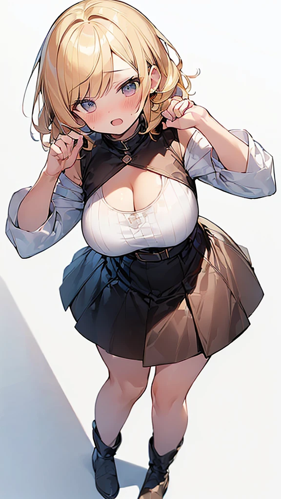 1 girl, game cg, brown short frilled dress, small apron, ((gigantic breasts)), blonde, middle hair, side ponytail, green eyes, smile, white background, one eye closed,
