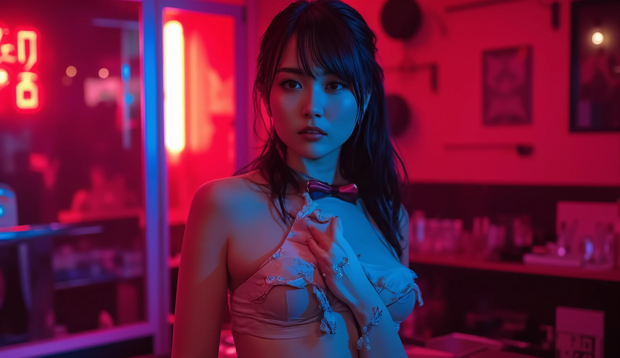 a woman in a cat suit posing for a picture, fantasy art, close up of a young anime girl, black bra, ((pink)), elegant glamourous cosplay, night city background