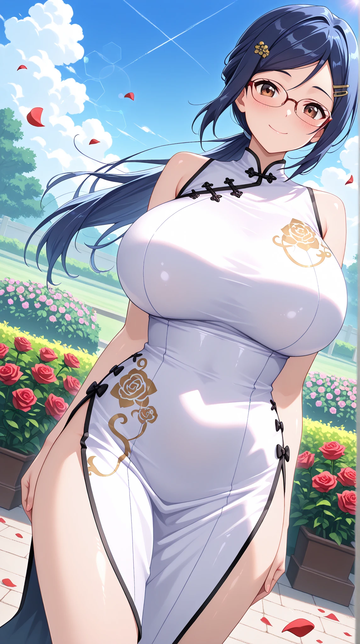 1girl,Sesshoumaru,sesshoumaru,mature female,(scornful eyes),yellow eyes,parted bangs,pointy ears,white hair,very long hair,red facial mark,forehead mark,alternate costume,arm at side,blush,braid,breasts,china dress,chinese clothes,curvy,dress,elbow gloves,bare shoulder,sleeveless,cleavage cutout,floral print,gloves,(blue and white porcelain gorgeous qipao,china dress,chinese clothes,dress),gigantic breasts,hip vent,print dress,indoors,holding a cup of Chinese baijiu,red lips,looking at viewer,parted bangs,sleeveless,solo,standing,thick thighs,upturned eyes,white thighhighs,wide hips,