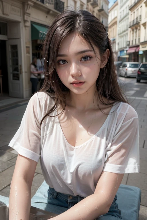 masterpiece, Highest quality, 8K, disorganized person, (Upper Body:1.4), White shirt, Beautiful girl, Beautiful face, Looking at the audience, smile, Ultra-realistic, High resolution, picture, The focus was clear, High resolution, Face Light, Dynamic Lighting, Cinema Lighting, Professional Shadow, Beautiful cityscape background, Best details, Very detailed, Super detailed, Finely detailed, Real Skin, Delicate facial features, Detailed face and eyes, Sharp pupils、Realistic students