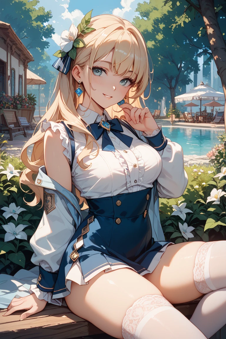 masterpiece, Highest quality, One girl, beautiful, Are you okay, delicate, Very complicated, detailed, Blonde, Jacket, White underwear, blue eyes, ((masterpiece)), extremely detailed, Highest quality, High resolution, ((at the park)), Bridget, smile,