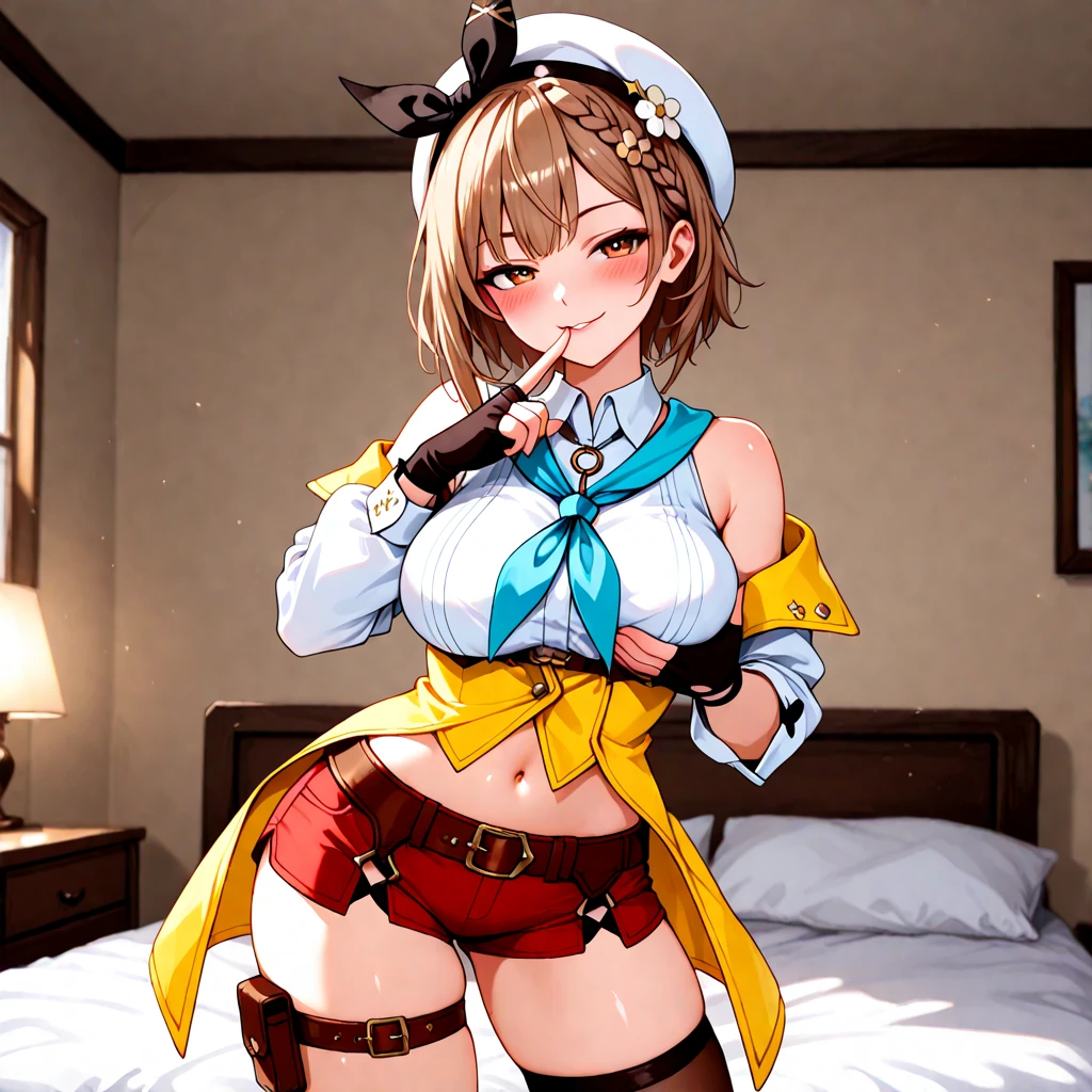 (Highest quality, 8K, masterpiece :1.3),Lizaリン・シュタウト(Lizaのアトリエ),Liza,Plump, One woman,Large Breasts,short hair,Brown Hair,hair band,Clothing,hat,White shirt,Yellow and white vest,Red shorts,Brown long boots,Big Ass,