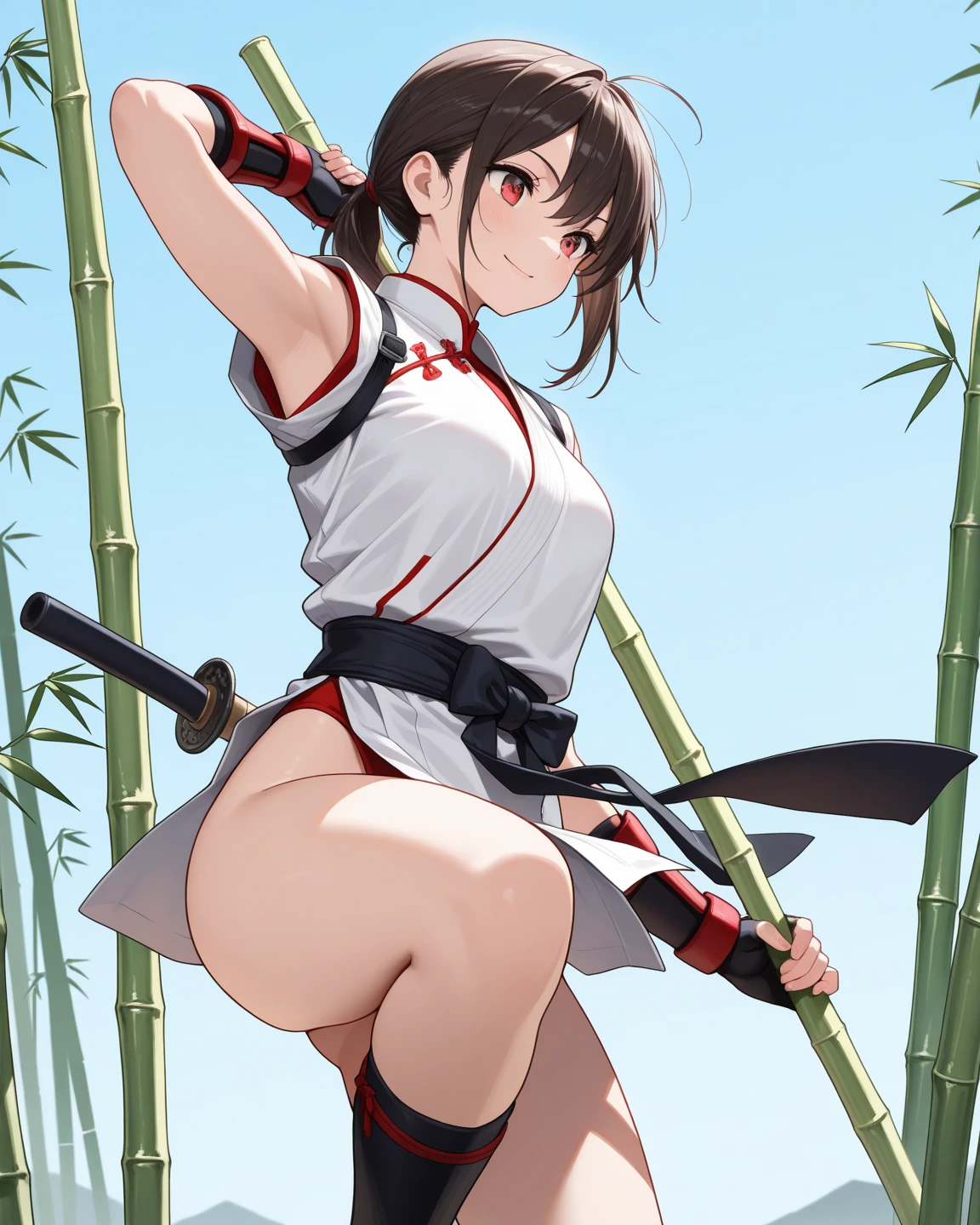 (Sumilux f1.4 50mm , low Latitude old color negative film , cross process , bokeh, flare, chromatic aberration , soft focus, (Shallow focus) , soft glow , Maximum aperture, high Key , Transparent depiction) , hentai anime style , do sukebe girl , (Thick thighs) , (Short stature) , (blunt bangs , hanging down the back long hairstyle ) , (round maro eyebrows) , miko , naginata , ikusa , ride a horse , Covered in pubic hair , fundoshi