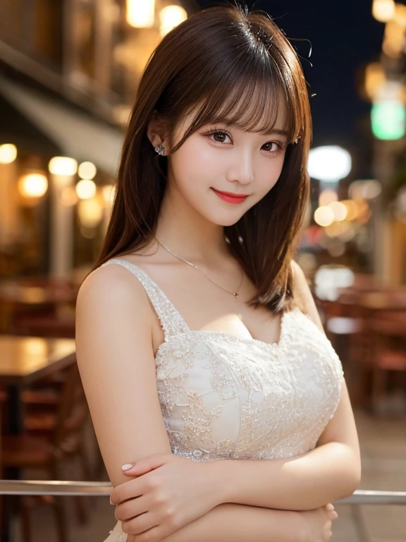 table top, highest quality, shape, Super detailed, finely, High resolution, 8k wallpaper, 完璧なダイナミックな構shape, beautiful and detailed eyes, elegant winter clothes,medium hair,small breasts natural color lip, bold sexy pose,smile、20 year old girl、cute、sexy looking at camera,night,Beautiful and dense face,elegant face,perfect and beautiful face,Slim your face and body,spread your arms wide、background blur