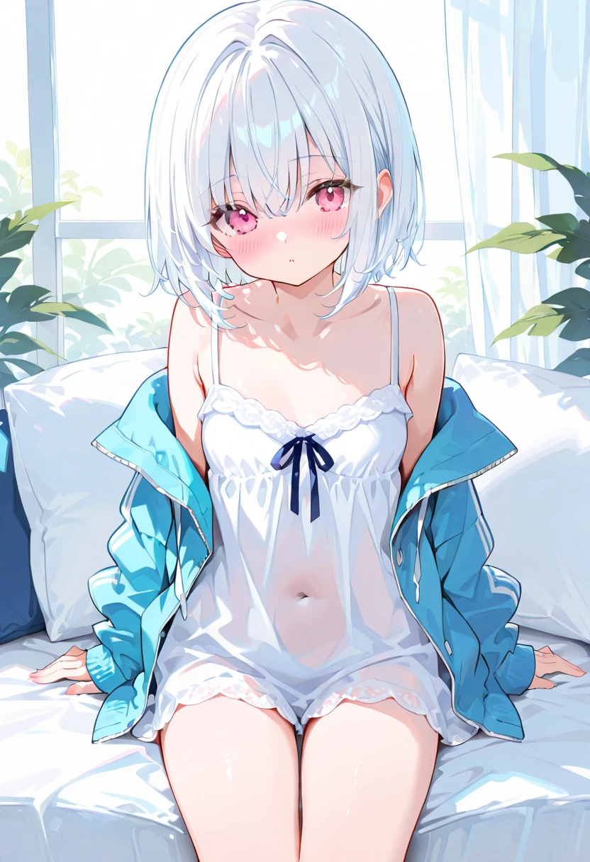 Silver-haired, with red eyes lying barefoot on bed,showing your whole body,Wear leaky navel pajamas and miniskirts,,She lifted her pajamas with one hand to show her bra,With one hand lifted the nightdress to expose the panties,She looked shy,hightquality,ultra - detailed、Open your crotch、The crotch is wet、Underwear is sheer、one girls