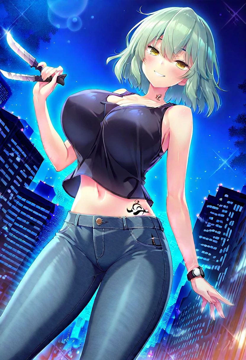 Waifu, masterpiece, curvy, breasts, random hairs, random colors, full moon, gloves, 1girl, clenched teeth, bulma, cleavage, large breasts, teeth, aqua hair, red gloves, tank top, blue eyes, rating:explicit,rule34, hardcore, tits,,clenched hands, punching, night, sky, jumpsuit, pants, bare shoulders, blue hair, clenched hand, rating:questionable, short hair, belt, green hair, solo, angry, orange gloves, lip biting(gigantic and massive tits:1.1), breasts, official illustration, illustration, detailed face, beautiful intricate eyes, curvy milf, 1:2), closeup, titsnipples