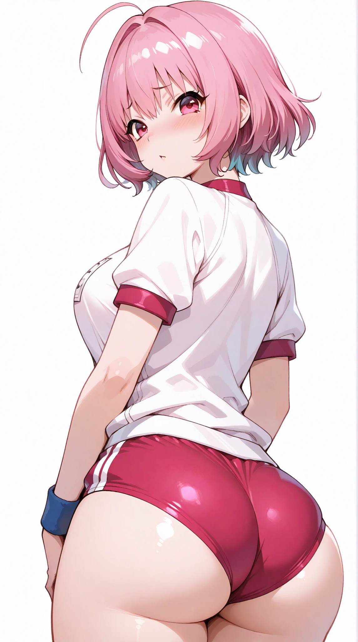teenage girl,short crop top,hot pants,Queen,Shake ack view,Cord,shackle,red eyes,No underwear,pink hair,big ass,Playful,stick out your tongue,Smile,sweat,secretion,Buttocks close up