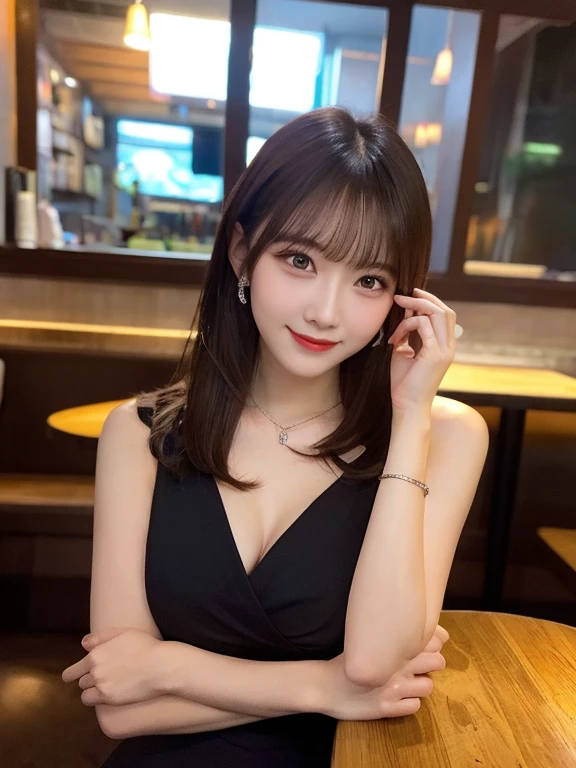 Tabletop, highest quality, shape, Very detailed, finely, High resolution, 8k wallpaper, 完璧なダイナミックな構shape, Beautiful and detailed,ランダムなcute髪,,Natural color lip, Bold sexy pose,smile、20-year-old girl、cute、Looking at the camera,Always blur the background,Perfect and beautiful face,Slim face and figure,Big eyes、Putting on gal makeup,Small face,Shooting from below、smile,Blurred Background,Elegant feminine face、Cyberpunk Fashion、smile