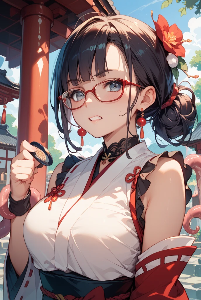 Asian girl black short hair chinese clothes with frowning face and big boobs